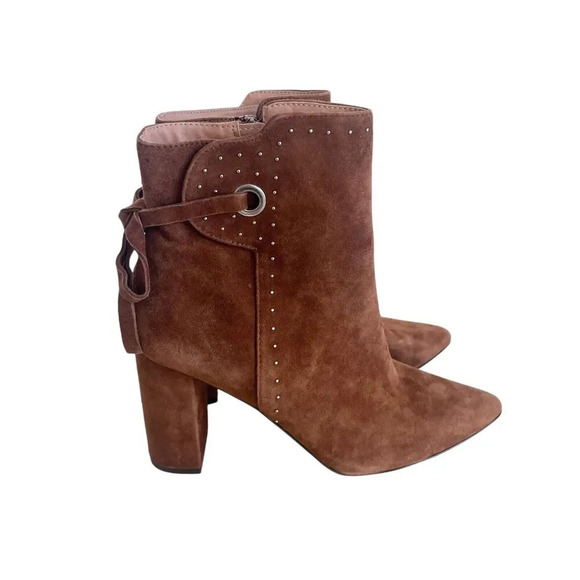 Chelsea & Violet Brown Miley Suede Studded Back-Tie Block Heel Booties Size 8 - Picture 2 of 9